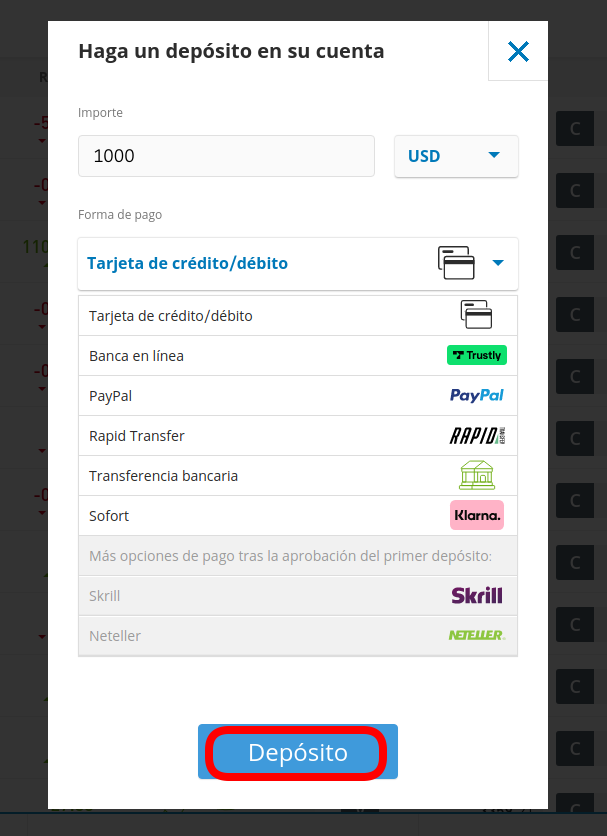 Depositar fondos en eToro