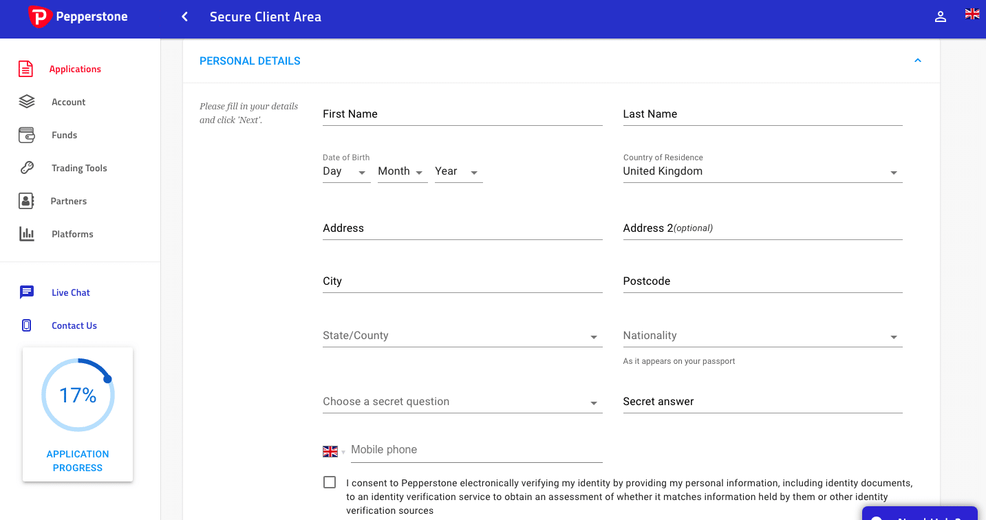 Pepperstone dashboard