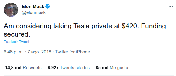 Acciones Tesla impacto tuit Elon Musk