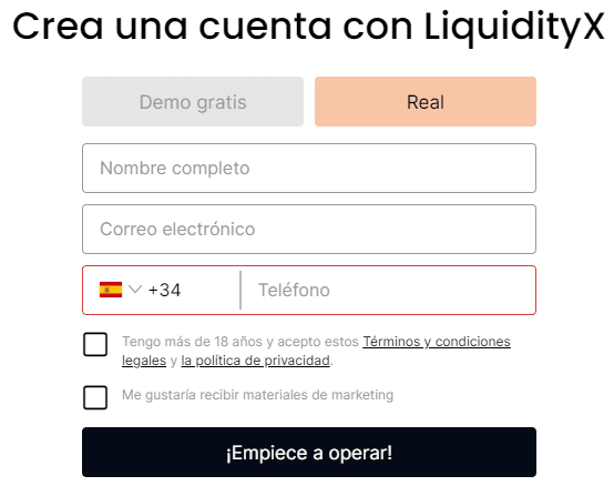 formulario de registro LiquidityX